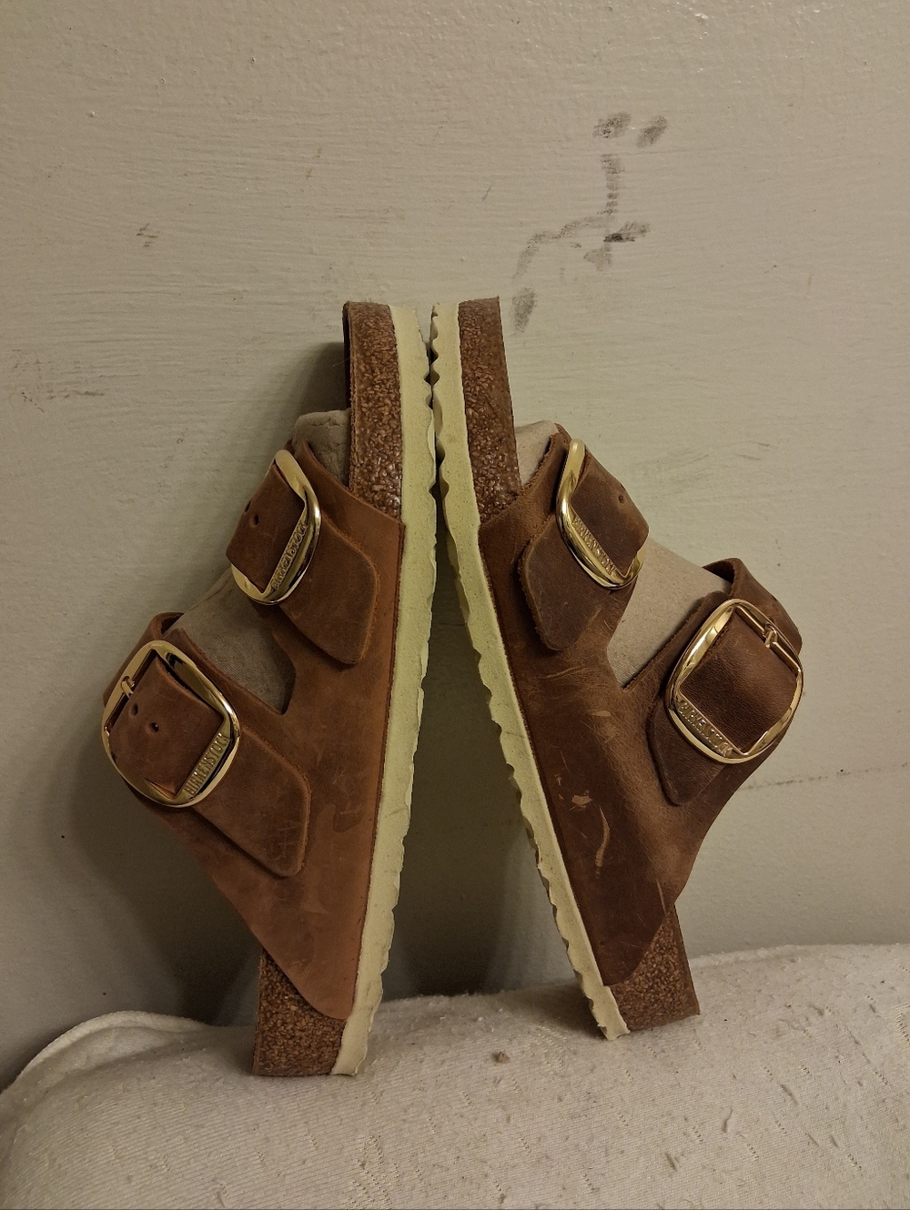 Unisex Double Gold Buckle Brown Leather Slide Sandals 39 250 L8 M6 German Made - Picture 12 of 16